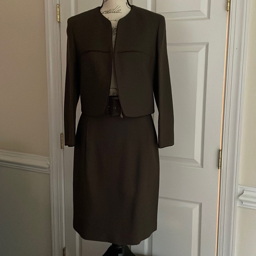 Talbots Olive Green Cropped Blazer and Skirt Suit